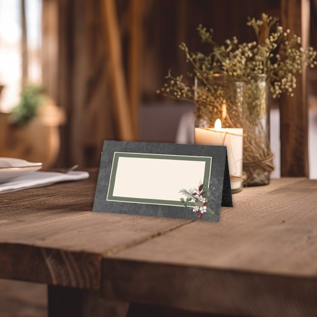 Cartão De Mesa Casamento Rustic Winter Berries & Pine Black (Rustic Winter Berries & Pine Blac Wedding Table Place Card)