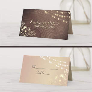 Cartão De Mesa Casamento Rustic Wood and String Lights