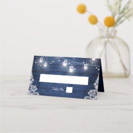 Cartão De Mesa Casamento Rústico De Madeira Azul Mason Jar Lights