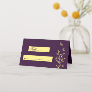 Cartão De Mesa Casamento simples de flores douradas roxas