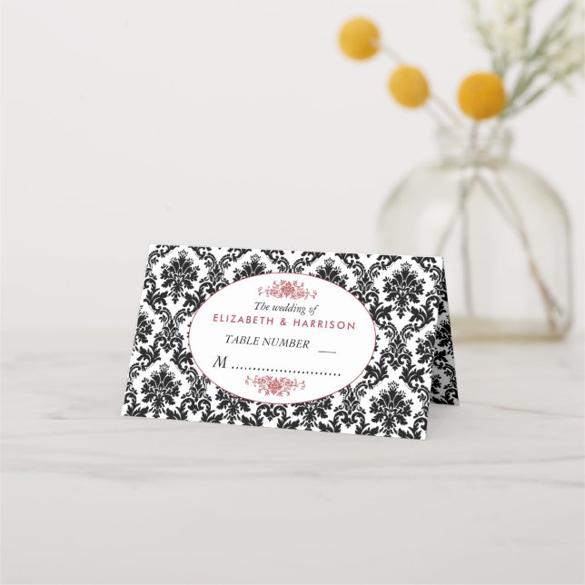 Cartão De Mesa Casamento tema damasco vermelho, preto e branco (Frente)