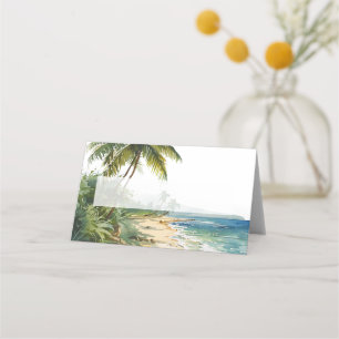 Cartão De Mesa Casamento Tropical à Beira-Mar com Aquarela