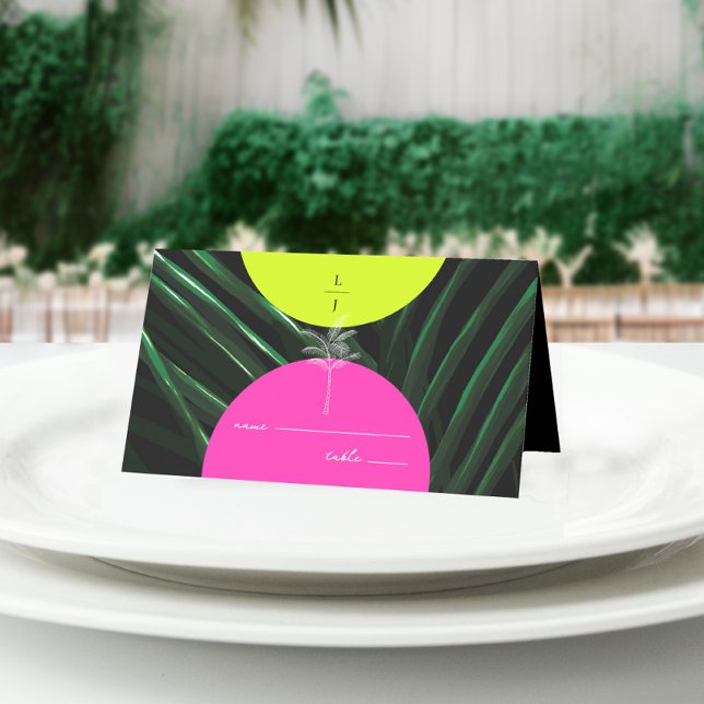 Cartão De Mesa Casamento Tropical de Palm Tree Monograma Neon Arc (Criador carregado)