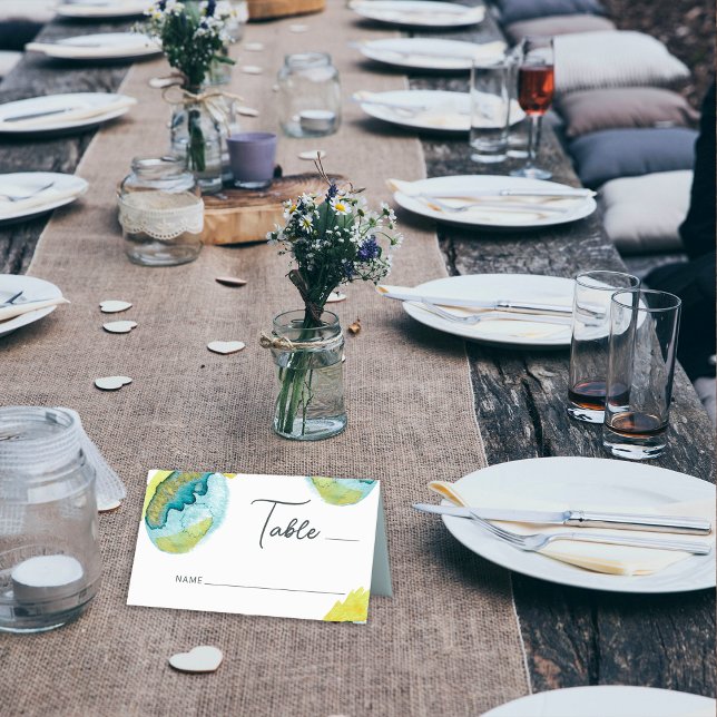 Cartão De Mesa Casamento Único de Arte de Abstrato Amarelo Azul (Criador carregado)