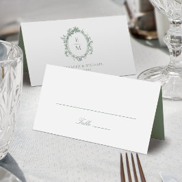 Cartão De Mesa Casamento Verde de Monograma de Crista Vintage Bot