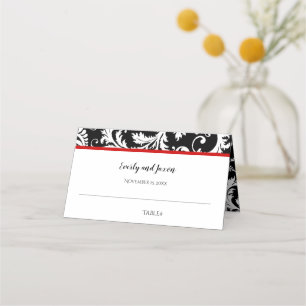 Cartão De Mesa Casamento Vermelho com Damasco Negro e Branco