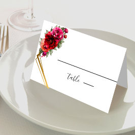 Cartão De Mesa Casamento vermelho-quic, floral e dourado falso