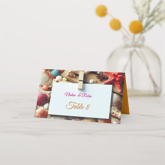 Cartão De Mesa Celebrações de Casamento à beira-mar na praia (Frente)