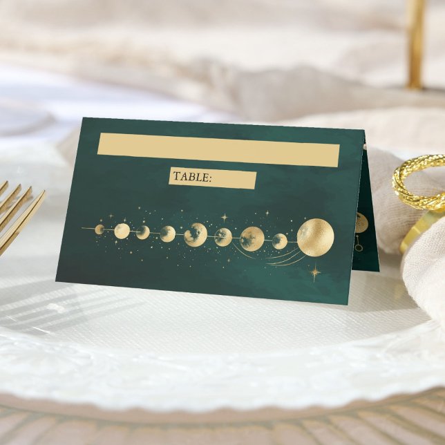Cartão De Mesa Celestial Esmeralda Dourada Fase da Lua Casamento (Criador carregado)