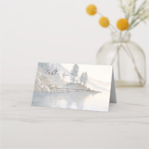 Cartão De Mesa Cena de lago tranquila em aquarela azul