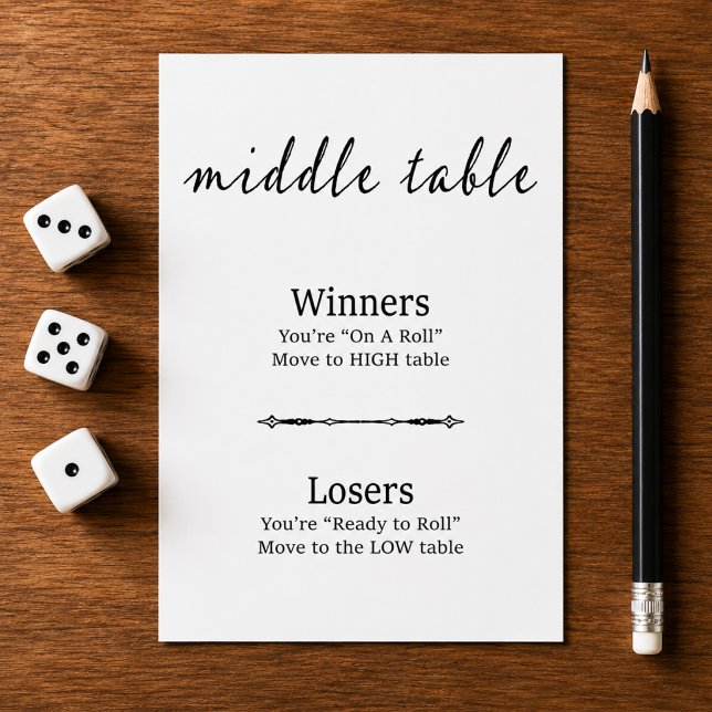 Cartão de Mesa Central Bunco Preto e Branco Modern (Modern script black and white Bunco Middle Table card, a stylish dice night sign for party decor.)