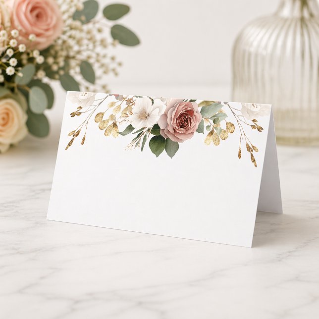 Cartão De Mesa Chá de Bebê de Outono com Flores Rosa e Dourado (ready to be written on)