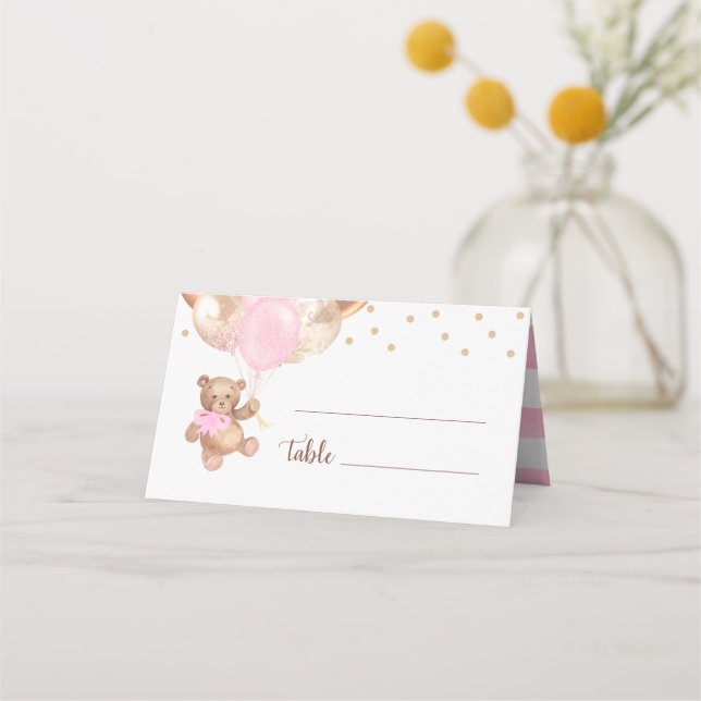 Cartão De Mesa Chá de fraldas de Balões Dourados do Urso de Teddy (Frente)