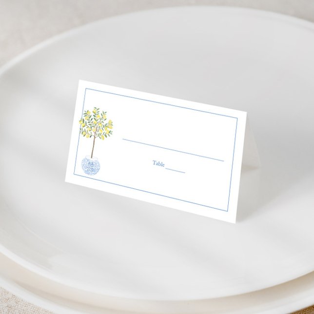 Cartão De Mesa Chá de fraldas Simples de Lêmon Árvore Azul de Ban (Chinoiserie wedding place cards or buffet cards featuring a lemon tree in blue ginger jar planter)