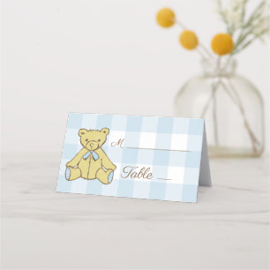 Cartão De Mesa Chá de fraldas Urso Azul Xadrez Branco