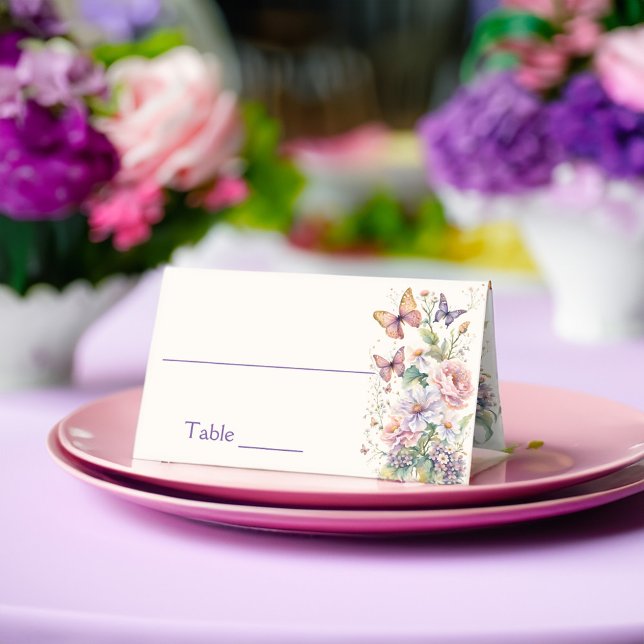 Cartão De Mesa Chá de noiva floral da vida das borboletas (Lifetime of Butterflies floral spring summer bridal shower table decor printed Place Card)