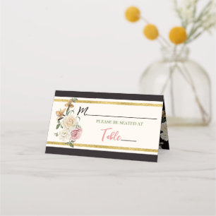 Cartão De Mesa Chá de Noiva Floral Preto, Marfim e Dourado