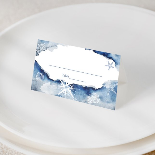 Cartão De Mesa Chá de Noiva Náutico em Aquarela ou Casamento (Nautical inspired navy blue and white place cards)