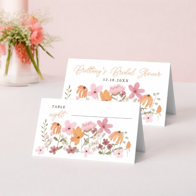 Cartão De Mesa Chá de panela de flor silvestre de guincho-laranja (Orange Cute boho meadow wildflower bridal shower Place Card)