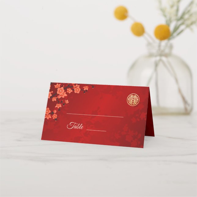 Cartão De Mesa Cherry Blossom Red Dourado | Casamento chinês (Frente)