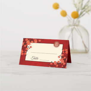 Cartão De Mesa Cherry Blossom Red Dourado Casamento chinês