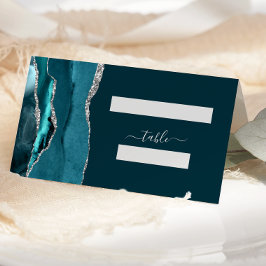 Cartão De Mesa Chic Azul Teal Prata Ágata Casamento