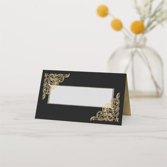 Cartão De Mesa Chic Black and Dourado Wedding Place Card (Frente)