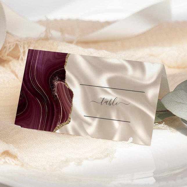 Cartão De Mesa Chic Burgundy Dourada Agate Ivory Silk Mesa de Cas (Criador carregado)