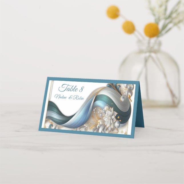 Cartão De Mesa Chic Elegant Swirls in Dourado, Silver, Blue, Yell (Frente)