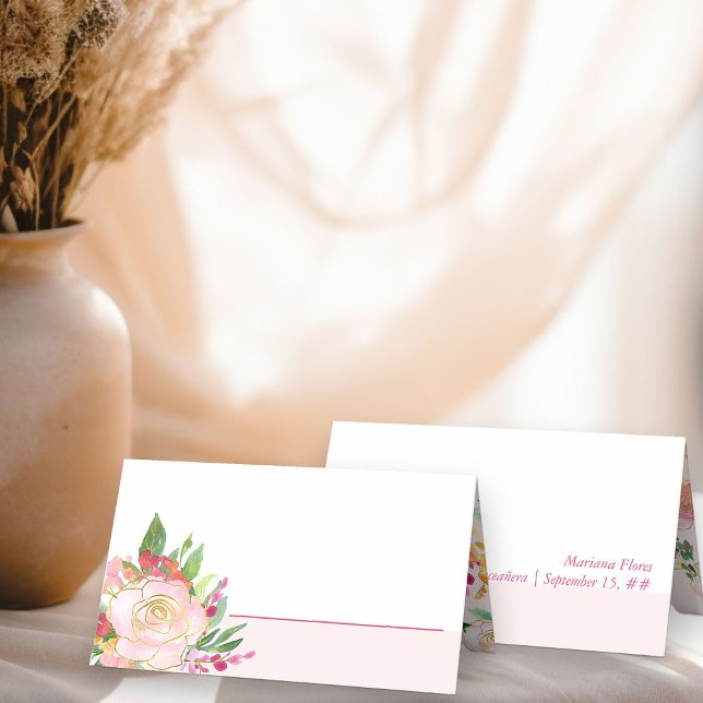 Cartão De Mesa Chic Floral Blush Rosa e Dourada Flor (Personalized Place Cards from my Floral Chic Quinceanera Collection
)