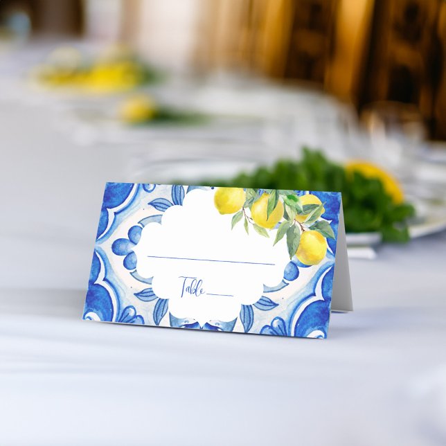 Cartão De Mesa Chuveiro italiano de azulejo azul limão That's amo (That's amore vintage Italian Blue tile lemon bridal shower wedding Place Card personalized decor)