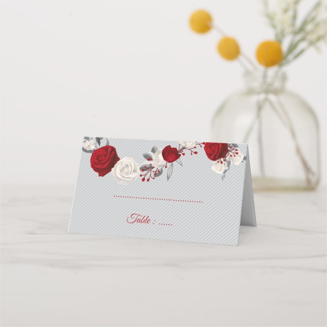 Cartão De Mesa cinzas de prata de flores vermelhas e brancas (Frente)
