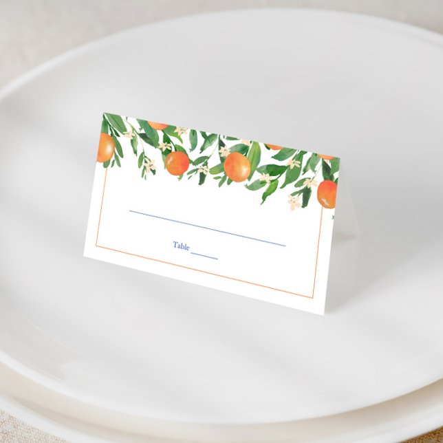 Cartão De Mesa Citrus Orangas Azulejos Azuis Festa de casamento E (Positano oranges with blue and white tile print wedding place cards)