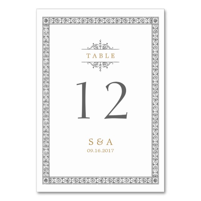 Cartão de mesa clássico de casamento vintage elega (Frente)