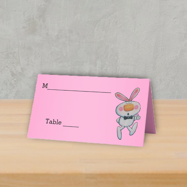 Cartão De Mesa Coelho Branco Bonito Atira Arco Colado Rosa (cute white bunny bow tie thumbs up sign on hot pink table standing place card.)