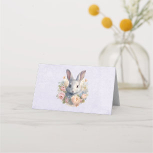 Cartão De Mesa Coelho Rodeado por Flores Pastel Cute
