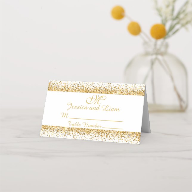 Cartão De Mesa Confetti Dourado com brilho em um fundo branco (Frente)