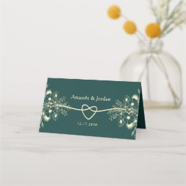 Cartão De Mesa Coração de Corda Dourada Verde Esmeralda Casamento