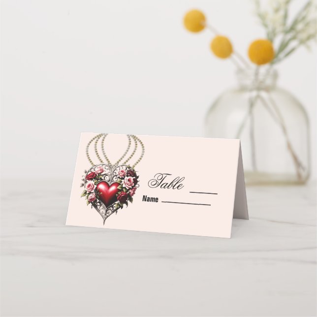 Cartão De Mesa Coração gótico nobre com flores. (Frente)