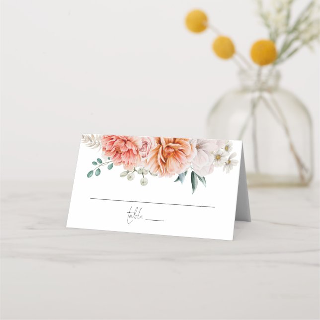 Cartão De Mesa Coral Peach Peonies Script Wedding (Frente)