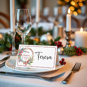 Cartão De Mesa Coroa de Natal personalizada com azevinho em aquar