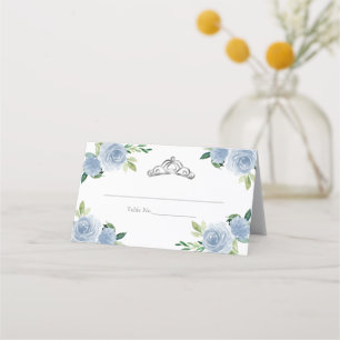 Cartão De Mesa Coroa de Prata Azul Claro Floral Festa Quinceanera
