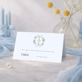 Cartão De Mesa Coroa floral azul cruz dourada batismo menino