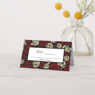 Cartão De Mesa Cranios de Rosas Vermelhas Preto Floral Gótico Núm