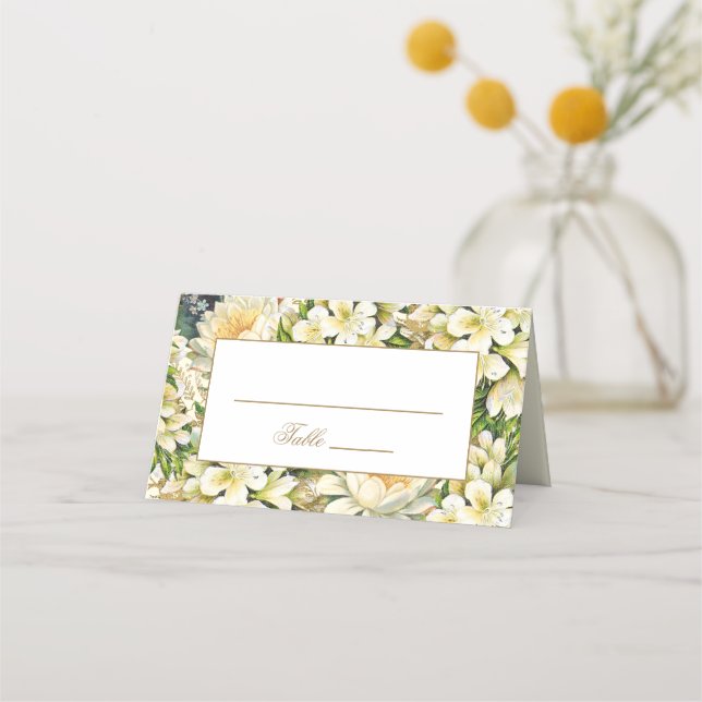 Cartão De Mesa Cream Dourado Arte Floral Nouveau Casamento (Frente)