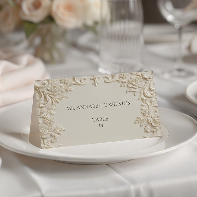 Cartão De Mesa Cream Embossed Floral Scroll Ivory Table (Cream Embossed Floral Scroll Ivory Table Place Card)