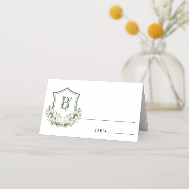 Cartão De Mesa Crest de Flores Brancas Casamento (Frente)