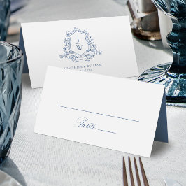 Cartão De Mesa Crestão de Monograma Tradicional Azul para Casamen