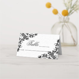 Cartão De Mesa Damáscaras Brancos de rendas Pretas Elegantes