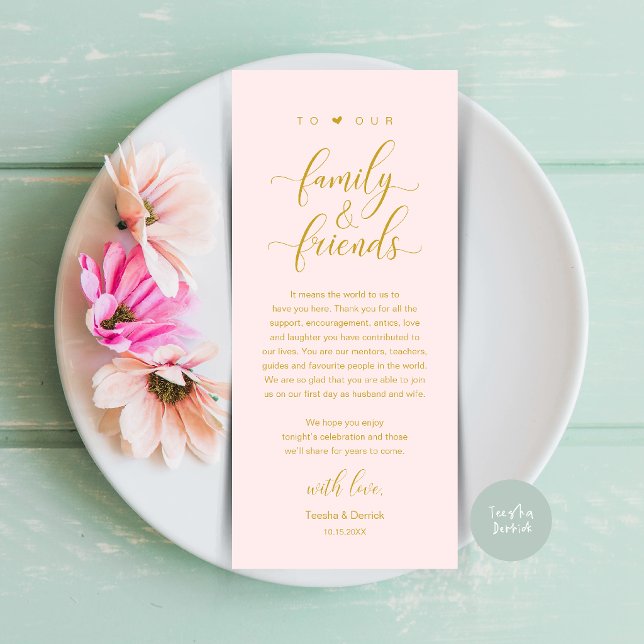 Cartão de Mesa de Agradecimento de Casamento com C (Elegant Calligraphy Wedding Dinner Bridal Shower Thank You Table Card in Blush Gold)